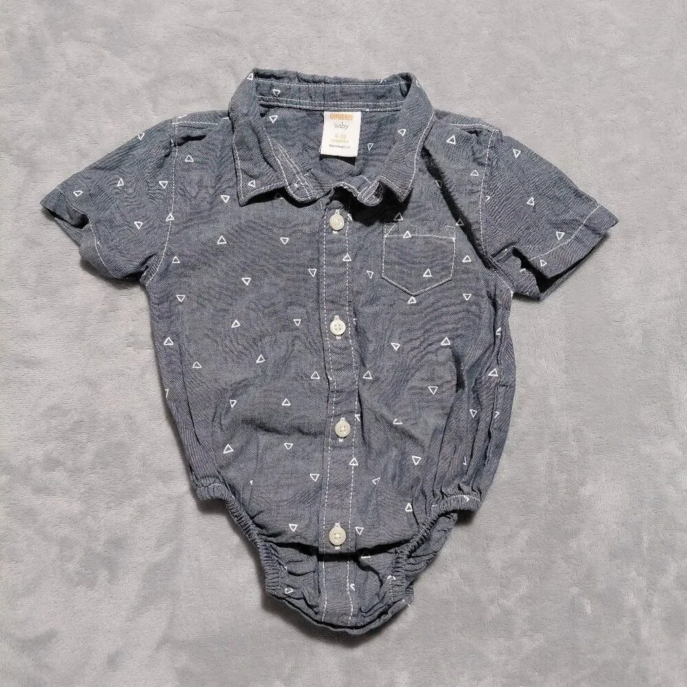 Gymboree 6-12M Button Down Cotton Bodysuit Blue w/ Geometric Print